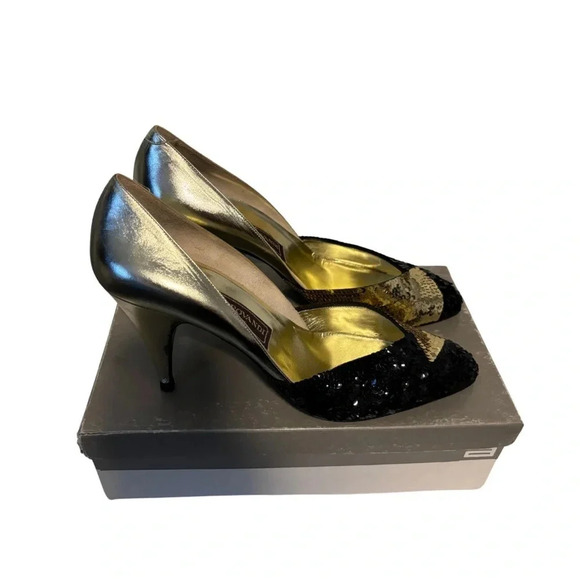 Marek by Gino Aldrovandi Shoes - Marek by Gino Aldrovandi | Leather Black & Gold Sequin  Pumps | Size 39.5